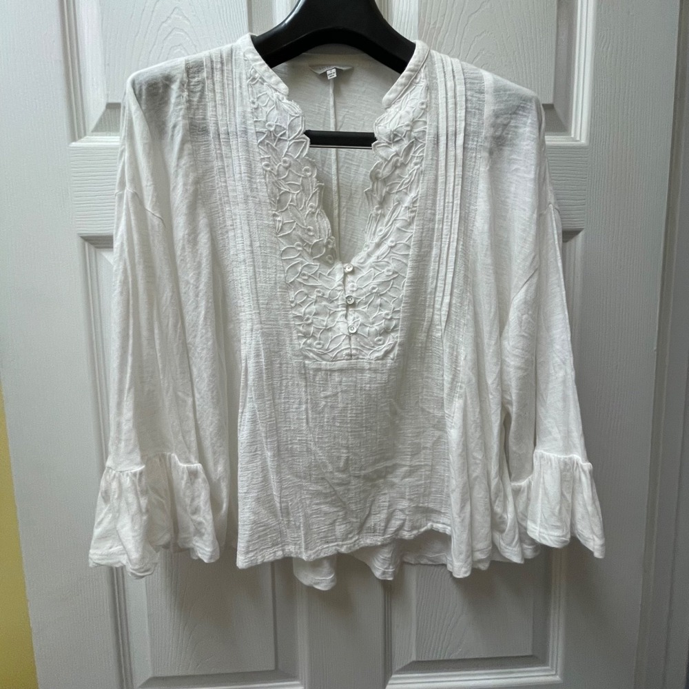 Lucky Brand Sz S White Pintuck Lace Ruffle Blouse Bell Sleeve Boho Cottagecore - Picture 2 of 15